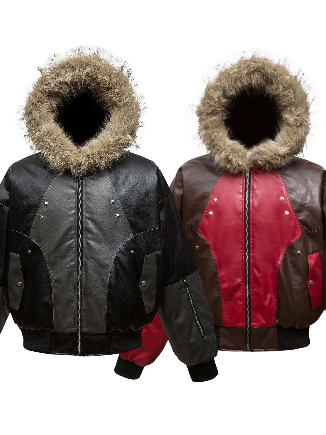 Men's Faux Fur Hooded Contrast Bomber Jacket - Image 4