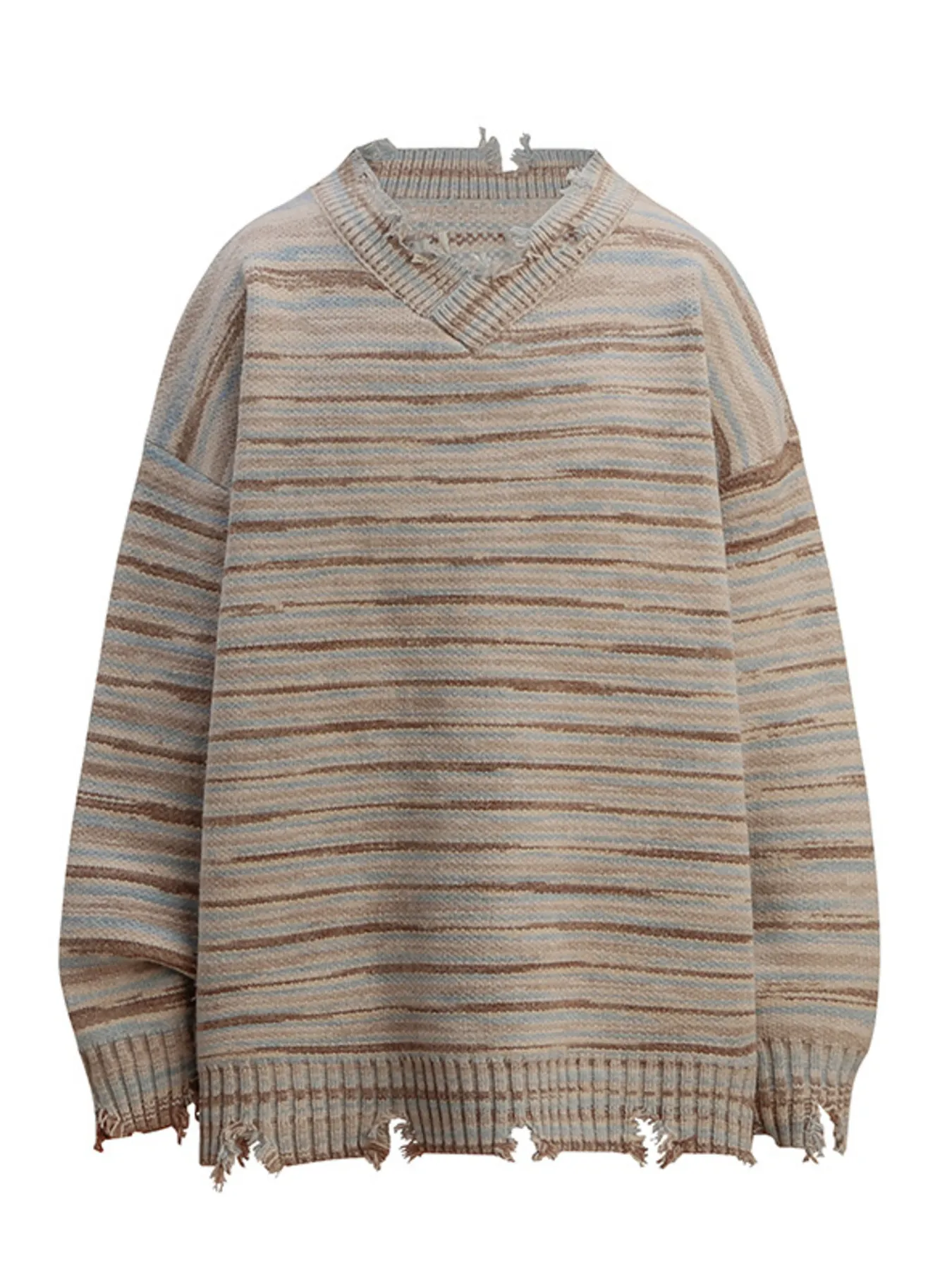 Men's Striped Frayed Hem Long Sleeve Sweater - Image 3