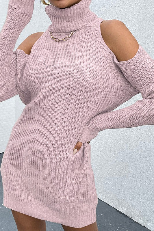 Pink Black Turtleneck Cold-Shoulder Sweater Dress - Image 3