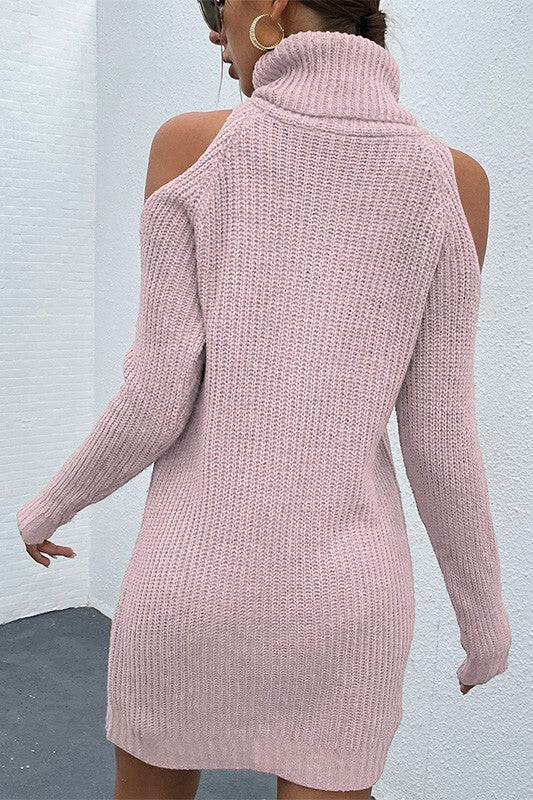 Pink Black Turtleneck Cold-Shoulder Sweater Dress - Image 4